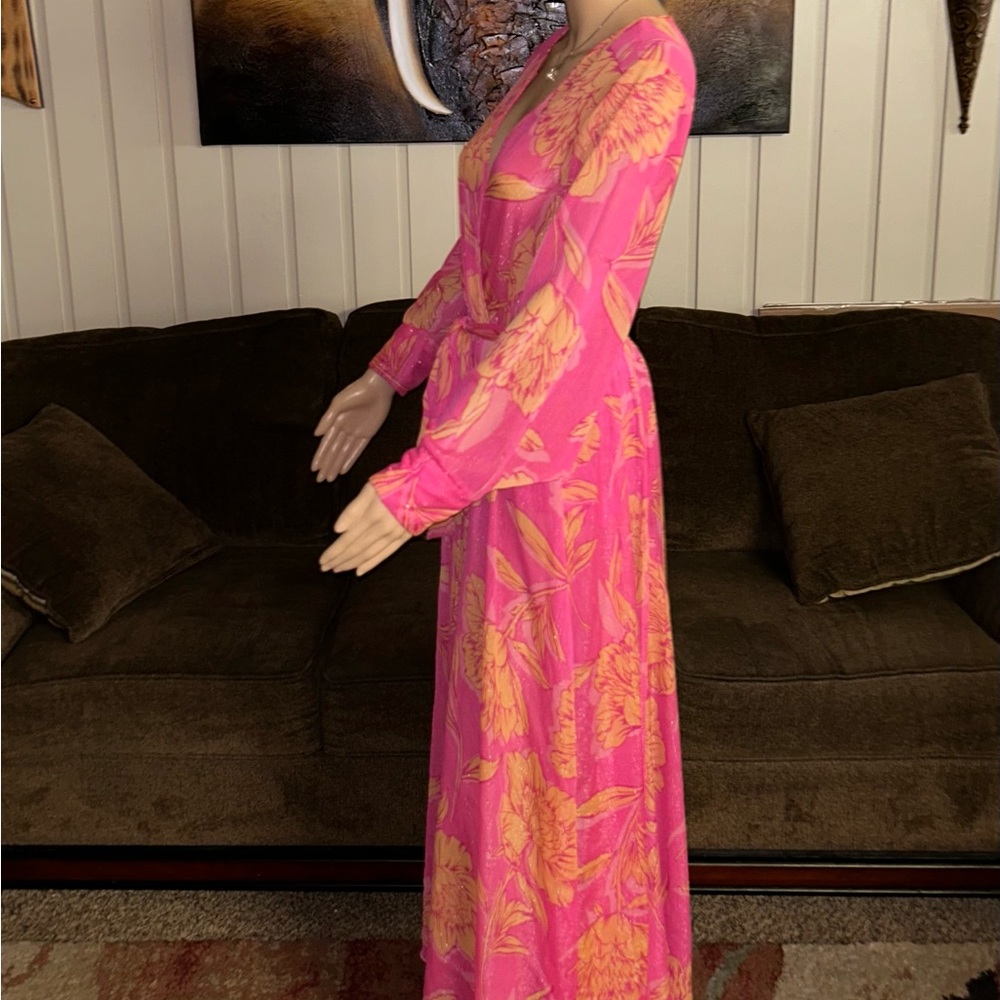Alexa B Nites ~ Size 8 ~ Pink/Orange ~ Floral ~ Silver Metallic Thread ~ Dress - Picture 9 of 14